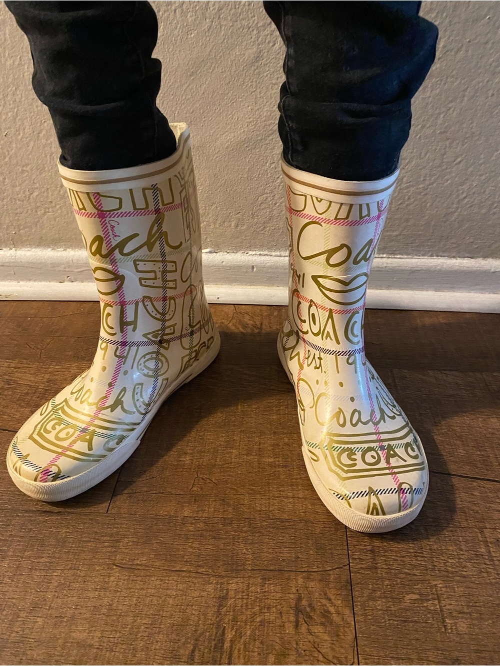 Coach Cream Logo Print Rain & Snow Boots